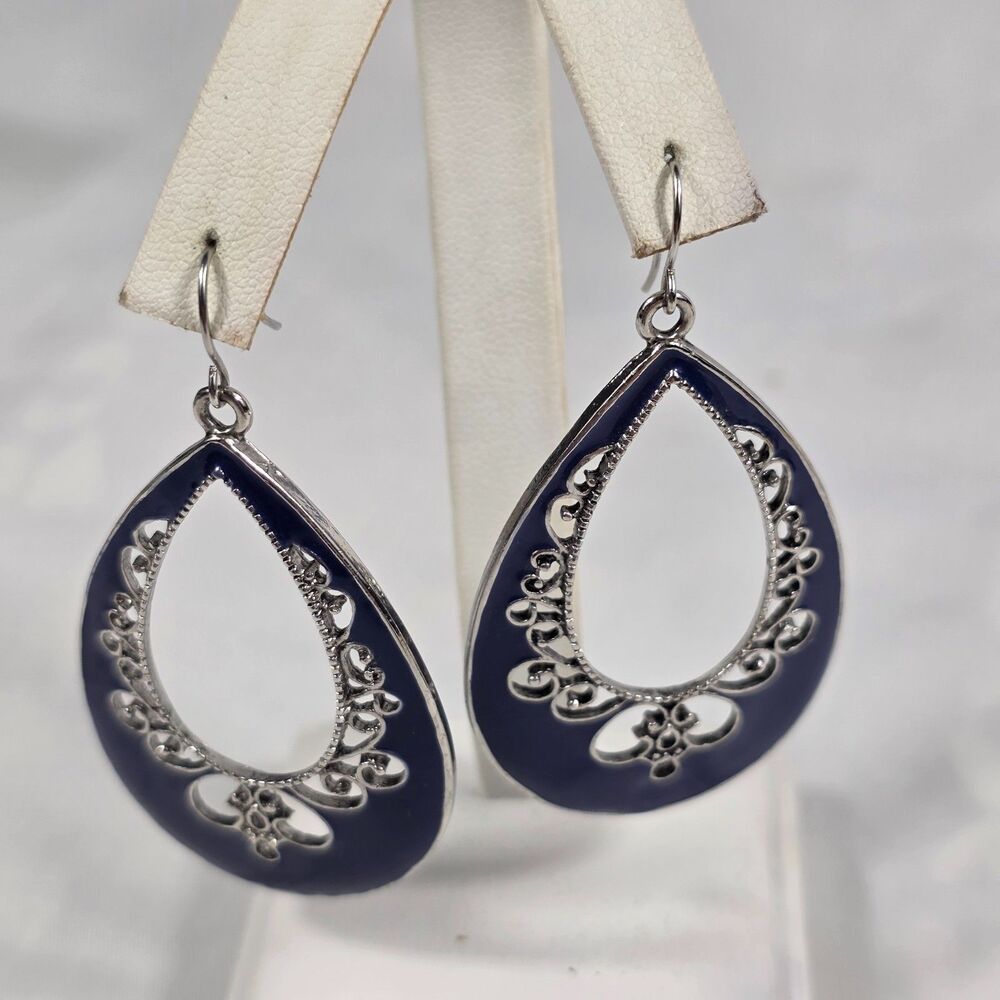 Premier Designs Vintage Navy Blue Enamel Teardrop Filigree Dangle Earrings